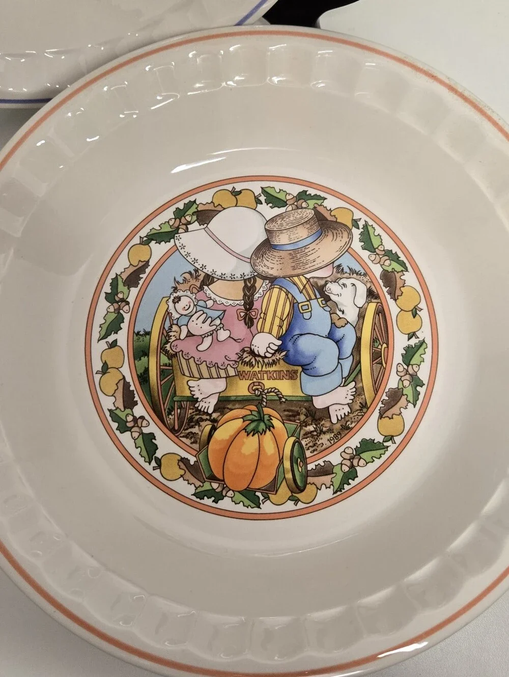 Vintage 1989 Watkins Country Kids Collector's Recipe Pie Plates Set of 2